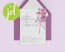 Load image into Gallery viewer, Violet Floral Style Baptism Christening Invitation Template, Printable Invitation, Floral Style Print It Yourself First communion Invite
