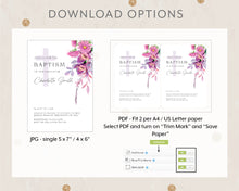 Load image into Gallery viewer, Violet Floral Style Baptism Christening Invitation Template, Printable Invitation, Floral Style Print It Yourself First communion Invite
