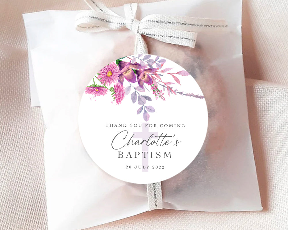 Watercolour Violet Floral Style Christening Baptism Stickers Favour Stickers