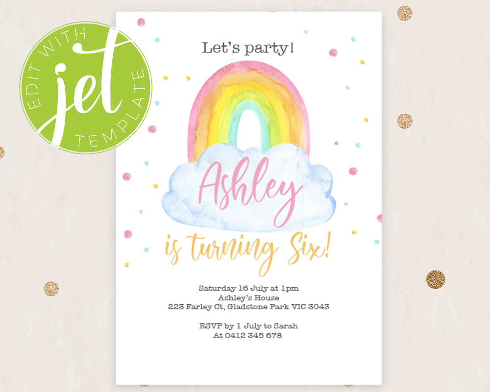 Watercolour Style Rainbow Birthday Invitation Template, Print It Yourself Pastel Colour Rainbow Birthday, Watercolour Rainbow Party