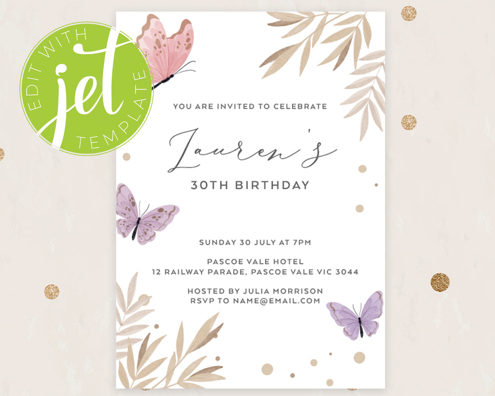 Butterfly Style Birthday Invitation Template, Print It Yourself Watercolour Butterfly Birthday Elegant Butterfly Style Invitation