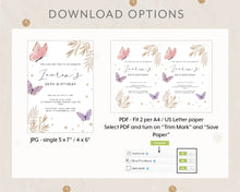 Load image into Gallery viewer, Butterfly Style Birthday Invitation Template, Print It Yourself Watercolour Butterfly Birthday Elegant Butterfly Style Invitation
