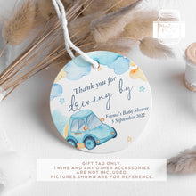 Load image into Gallery viewer, Watercolour Blue Car Theme Baby Shower Round Party Favour Tags
