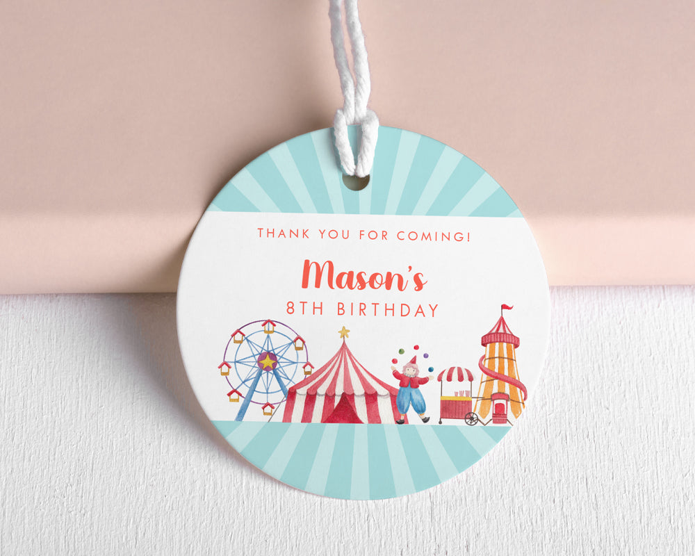 Circus Style Birthday Party Favour Tags Watercolour Circus Style Round Party Favour Gift Tags