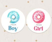 Load image into Gallery viewer, 24pcs 40mm Watercolour Doughnut Style Baby Gender Reveal Team Girl Team Boy Favour Stickers

