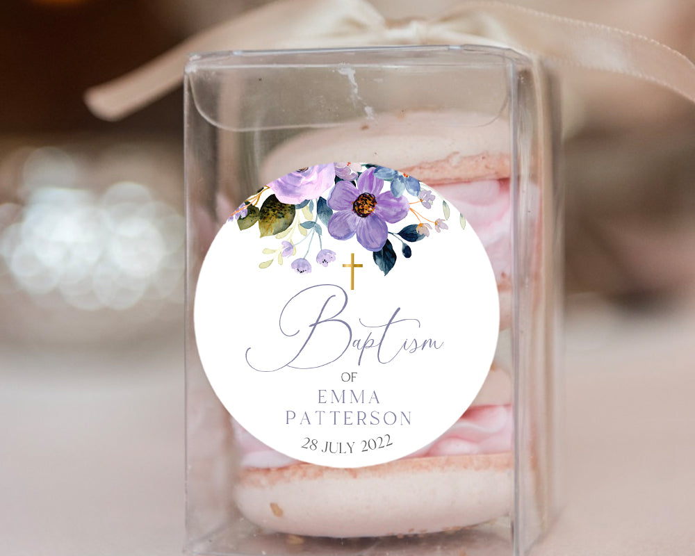 Watercolour Purple Floral Style Christening Baptism Stickers Favour Stickers