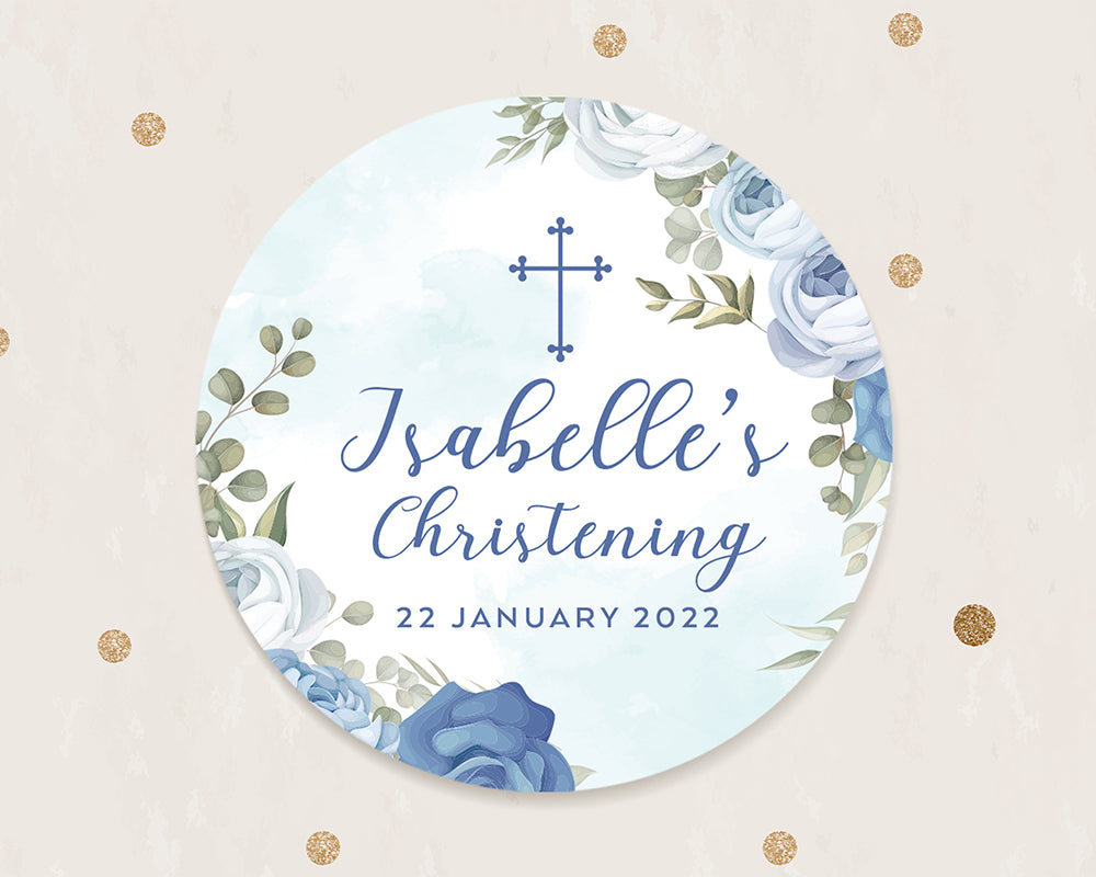 Watercolour Blue Floral Style Christening Baptism Stickers