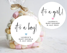 Load image into Gallery viewer, &#39;It&#39;s a boy / It&#39;s a girl&#39; Minimalist Style Baby Shower Party Favour Stickers
