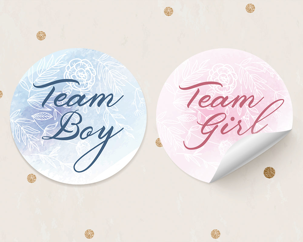 24pcs 40mm Watercolour Floral Style Baby Gender Reveal Team Girl Team Boy Favour Stickers