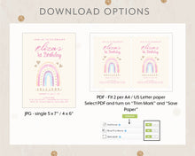 Load image into Gallery viewer, Instant Download Rainbow Birthday Invitation Template, Print It Yourself Pastel Colour Rainbow Birthday, Watercolour Rainbow Party
