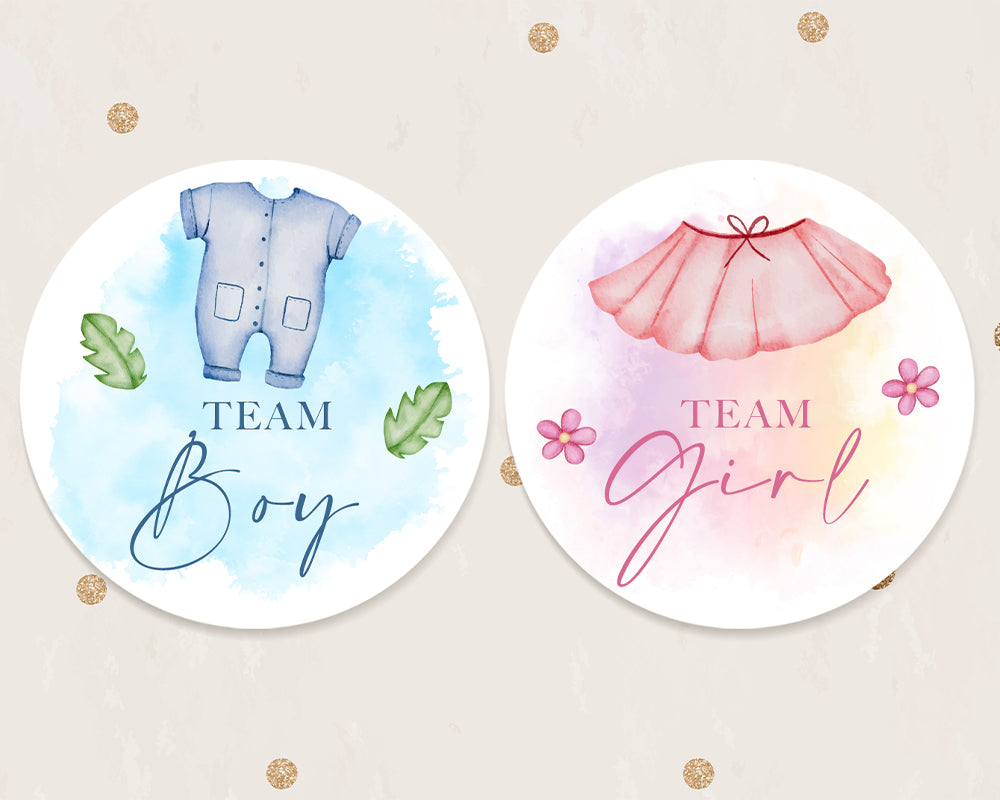 24pcs 40mm Watercolour Onesie and Dress Style Baby Gender Reveal Team Girl Team Boy Favour Stickers